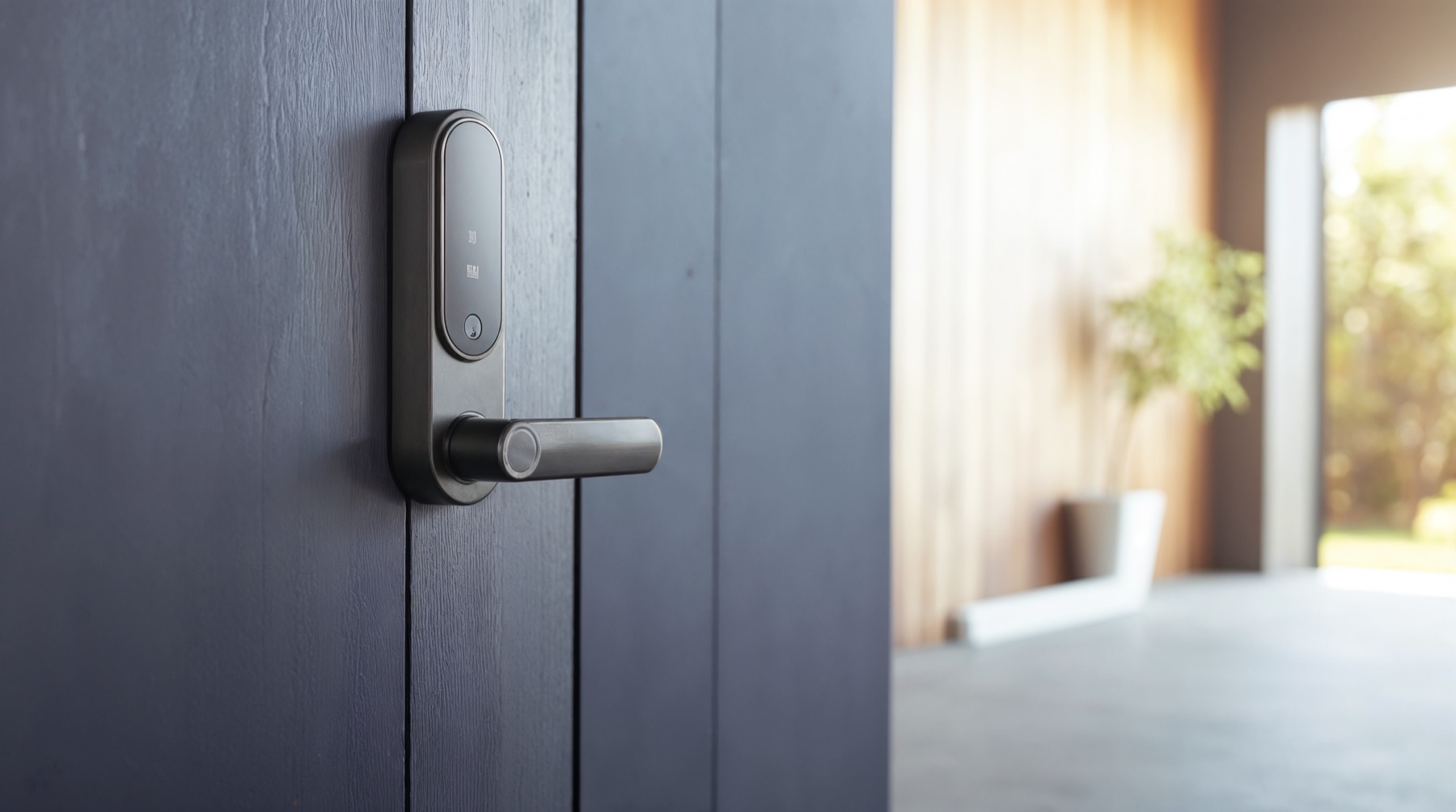 Automated secure door opening into a bright residential room