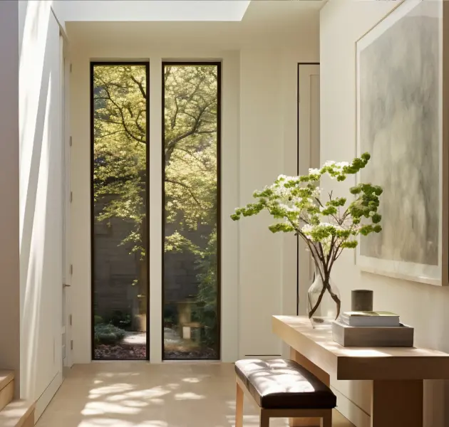 Wood secure door set within a planted residential entrance