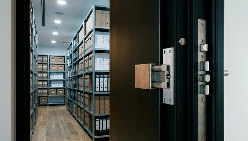 Heavy secure door protecting an archive room