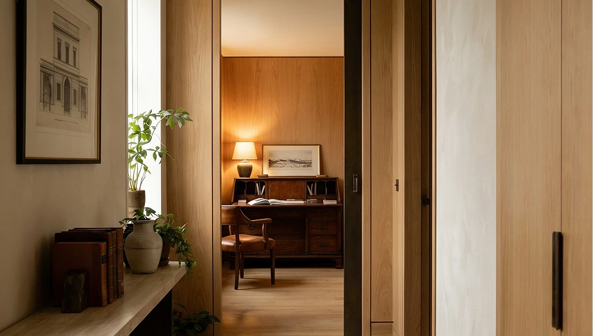 Concealed wood door integrated into a residential hallway