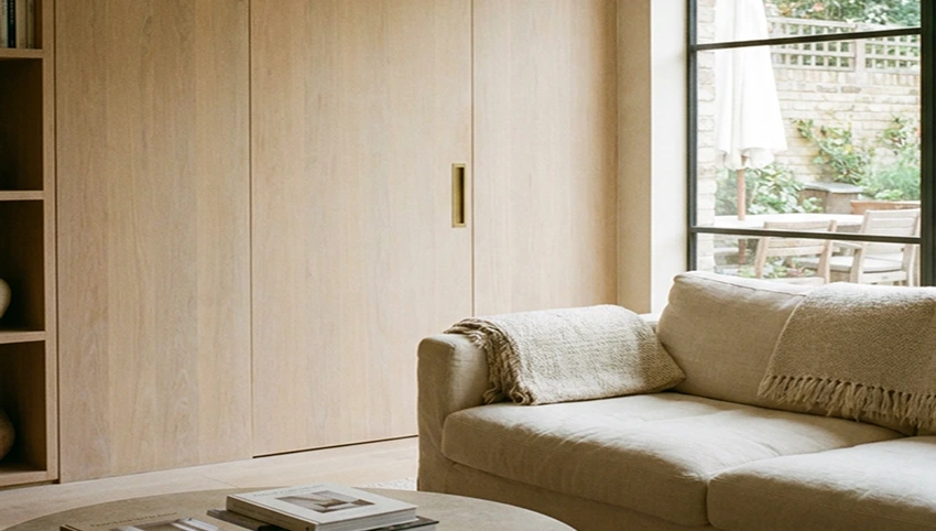 Light wood concealed door in a residential living room