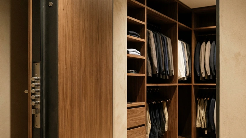 Secure wood door leading into a dressing room